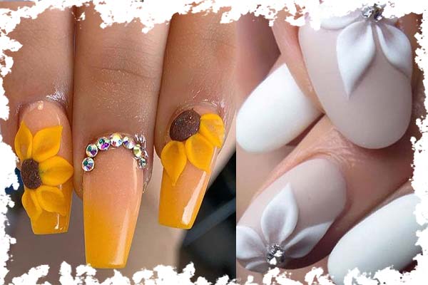 ۱۲. طراحی ناخن با تم گل‌ های سه ‌بعدی