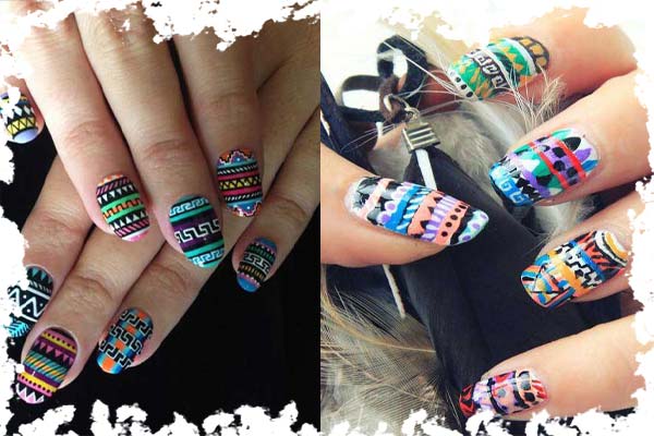 ۱۴. طراحی ناخن با تم نقوش قبیله ‌ای رنگارنگ